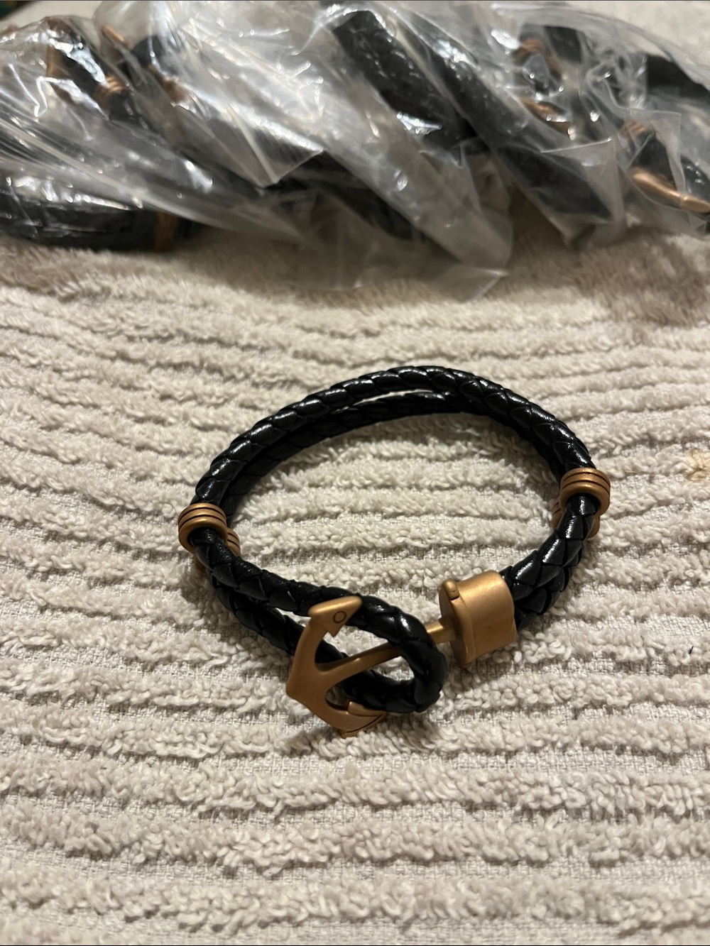 Women’s Black Braided Leather Style Anchor Bracelet with Gold Accent